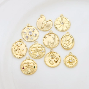 Gold-plated vintage coin charms with cubic zirconia for DIY jewelry making and crafts