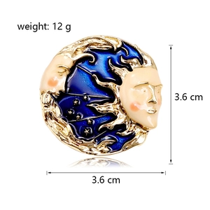 Golden sun and moon goddess enamel brooch pin with blue finish on white background
