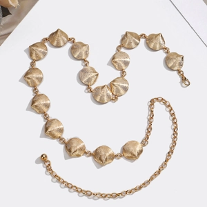 Elegant gold shell chain belt accessory for fashion dresses on a clean white background