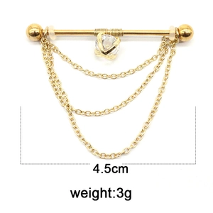 Gold industrial ear scaffold with triple chains and round clear cubic zirconia