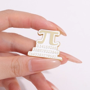 Math Pi symbol metal enamel pin badge with decimal numbers held in hand for size