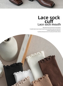 Close-up of elegant ruffled cuffs and ribbed texture on women's knit crew socks in earth tones