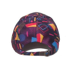 Detail of adjustable metal buckle and retro geometric pattern on a street style baseball cap