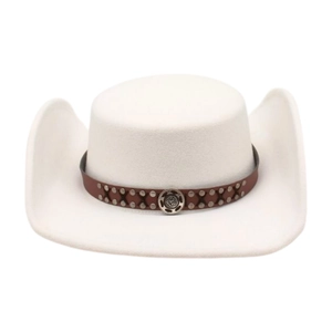 Sombrero de vaquero de fieltro blanco con copa plana y correa de cuero con hebilla metálica