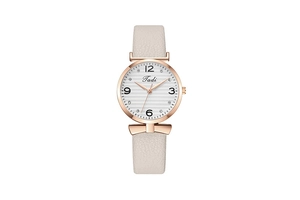 Detailed view of women's quartz watch with rose gold case and white textured dial