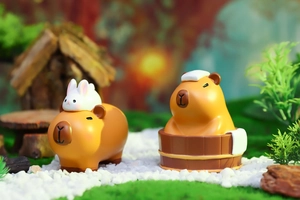 Capybara resin figurines set with white rabbit and hot tub theme for car decor