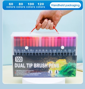 Detail of 100-color dual tip brush pens in a handheld transparent portable case