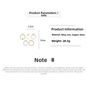 Détails d'un ensemble de 5 bracelets dorés avec dimensions et spécifications du matériau
