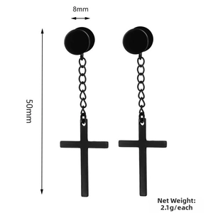 Detailed view of black cross chain earrings with 8mm round studs and 50mm length dimensions