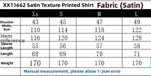 Detailed size chart showing measurements for the printed satin shirt in various sizes