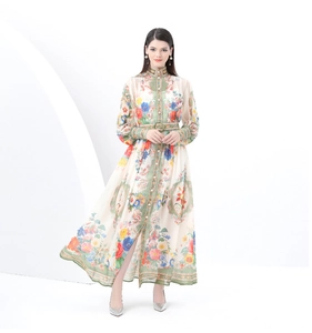 Detailed view of bohemian floral print chiffon dress with stand collar and lantern sleeves
