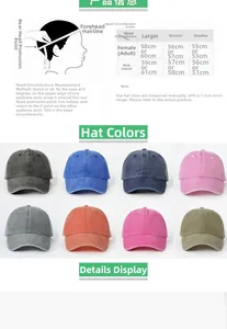 Size guide for washed cotton baseball caps showing 8 colors and head circumference chart