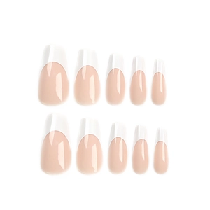 Classic french short coffin press-on nails with pink base and white tips, 10 pieces set