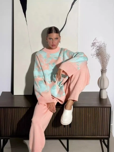 Women Knitted Pullover Sweater And Long Pants Contrast Color Jacquard Rabbit Pattern Loose Casual Streetwear Long Sleeves