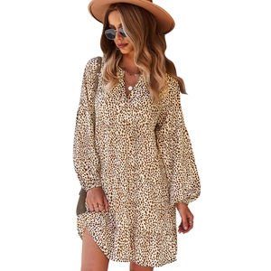 Women's V-neck leopard print long sleeve loose maxi dress with tiered hem