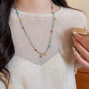 Bohemian Pendant Necklace Handmade Woven Cord With Multi Color Stones Adjustable Clavicle Chain Jewelry For Women