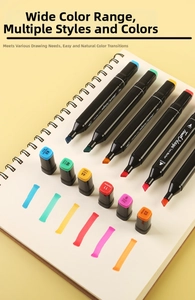 Detailed close-up of dual-tip markers with broad and fine nibs on a sketchpad