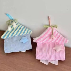 Cute house-shaped hanging tissue box covers in pink and blue corduroy with star accents