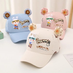 Three-piece kids baseball caps set with cute rabbit embroidery and mesh breathable fabric