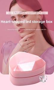Detail showing pink heart-shaped jewelry box with LED light and diamond texture surface