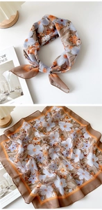 Detailed views of cotton-linen floral scarf showing both tied knot and full spread pattern