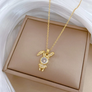 Titanium steel necklace with crystal rabbit pendant displayed on a jewelry box