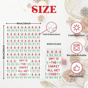 Christmas dish towel size chart showing 16x24 inch soft and absorbent festive fabric