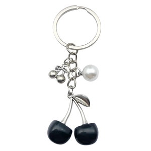 Cool black cherry and pearl keychain with silver metal chain for bags and accessories