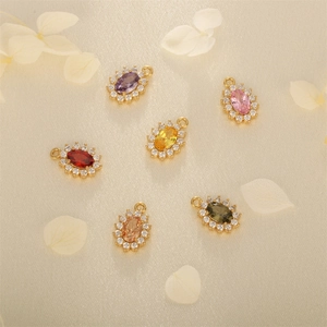 18K gold plated copper oval pendants with colorful cubic zirconia for jewelry making