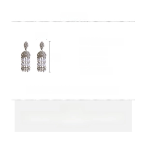 Detailed size and material specs for rhinestone pearl tassel drop earrings in silver