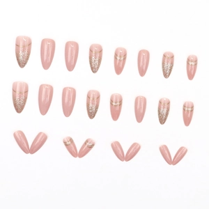 Set de faux ongles amande avec dégradé rose nude et détails scintillants argentés