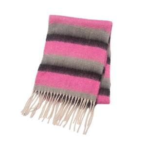 Detailed texture of thick striped scarf with pink, grey, black stripes and beige tassels