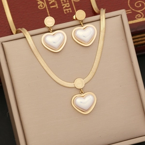 Heart Jewelry Necklace Earrings Bracelet Stainless Steel Gold Plated Faux Artificial Pearl Love Engraved Snake Bone Chain Women