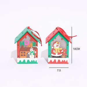 Set of two festive wooden LED Christmas house pendants with snowmen and Merry Christmas text