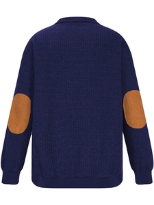 Detail view of men's navy sweatshirt featuring orange faux suede elbow patches and ribbed cuffs