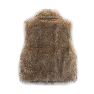 Flat lay macro view showing the fluffy texture of brown faux fur vest for women
