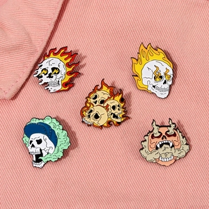 Punk Gothic Skull Enamel Brooch Pin Alloy Horror Monster Aesthetic Flame Badges For Backpack Jacket Decor Unisex Jewelry Gift