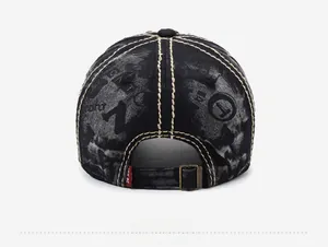 Close-up of vintage washed black baseball cap back with contrast stitching and strap