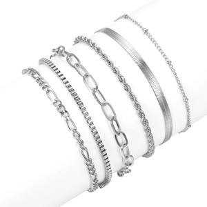 Detail of silver chain bracelet set featuring herringbone, twist, and figaro styles