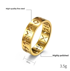 Detailed macro view showing the 6mm width and 3.5g weight of this gold steel rune ring