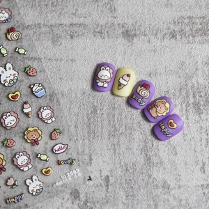 5D embossed nail stickers featuring cute cartoon bears and rabbits with dessert patterns