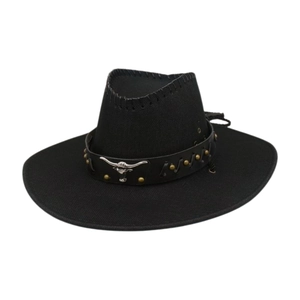 Classic black woven western cowboy hat with silver bull head emblem and wide brim
