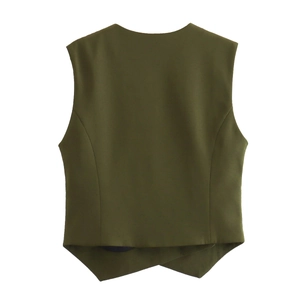 Detailed back view of an olive green asymmetrical vest top with a minimalist collarless cut