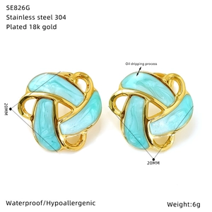 Gold-plated knot earrings with light blue enamel, waterproof stainless steel jewelry