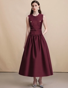 Robe Midi En Satin Sans Manches À Col Rond Rouge Vin Avec Ceinture Taille Haute Plissée Ligne A Élégant Banquet Style Français