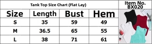 Size chart for women's slim yoga tank top with chest and length dimensions