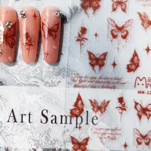 Autocollants ongles 5D stéréoscopiques avec motifs papillon et rose rouge vintage