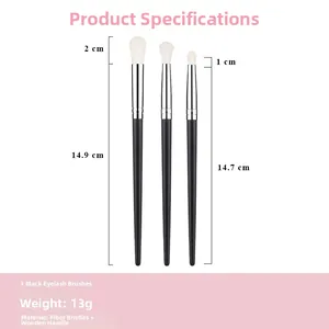 Three-piece eye makeup brush set showing dimensions 14.9cm and 14.7cm with silver ferrules