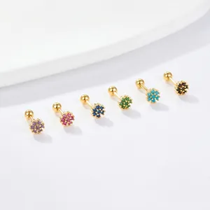 Flower Stud Earrings 925 Sterling Silver Colorful Cubic Zirconia Tiny Floral Screw Back Jewelry For Women Girls