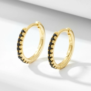 925 Sterling Silver Round Hoop Earrings Minimalist Geometric Gold Plated Black Rhinestone Inlaid Earrings For Women Jewelry